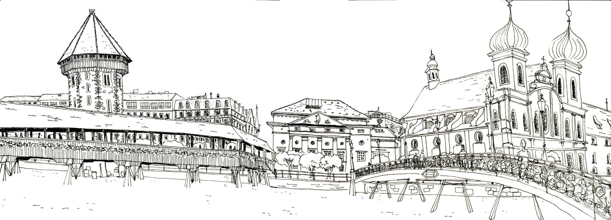 1-aLUZERN_Sketch-lo Urban Sketch, Kappelerbrücke, Luzern, Sketchen in Luzern, Artakademie, Susanne Brem