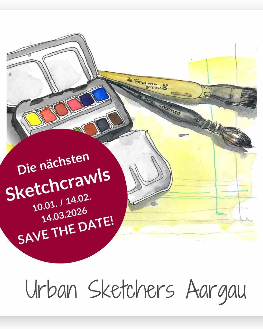 2 📍 Sketchcrawl am Weihnachtsmarkt in Bremgarten – zieht euch warm an: wir zeichnen draussen am Weihnachtsmarkt!</p>
<p>🎨 Wir treffen uns bei mir im Atelier, um 11.30 Uhr, am Bogen 10, in 5620 Bremgarten. Von hier aus könnt ihr ausschwärmen in die Fussgängerzone und den Charme und die Stimmung dieses wunderschönen Marktes einfangen.<br />
Ich werde ausnahmsweise einmal nicht mitzeichnen, ich werde mein Atelier hüten. Um 14 Uhr treffen wir uns wieder hier, in meinen Räumen, wo ich euch einen warmen Tee und ein paar Weihnatsguezli auftischen kann. </p>
<p>📅 Es wird der letzte Sketchcrawl in diesem Jahr sein - Regula und ich freuen uns jetzt schon auf die Ausflüge im nächsten Jahr. Die Sketchcrawls im kommenden Jahr sind geplant auf </p>
<p>👉 1. Januar, 14. Februar, 14. März, 18. April und 17. Mai 2026 </p>
<p>SAVE THE DATE! Weitere Infos zur Aargauer Urbansketching Gruppe findest du auch hier 👉 https://susannebrem.ch/aargauer-urban-sketching-gruppe/