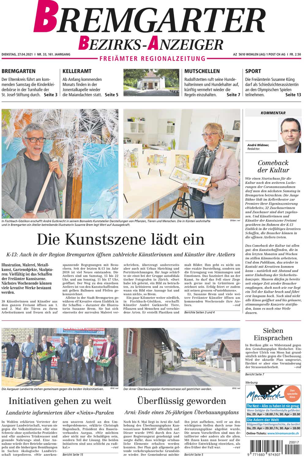 K-13, Kunstszene Freiamt, Artikel im Bremgarter Bezirksanzeiger offene Ateliers Susanne Brem