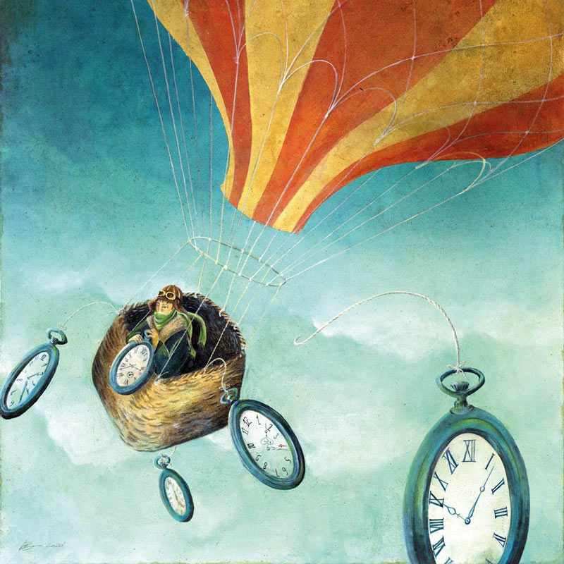 Illustration verträumt märchenhaft surreal Ballonfahrer mit Uhren Susanne Brem