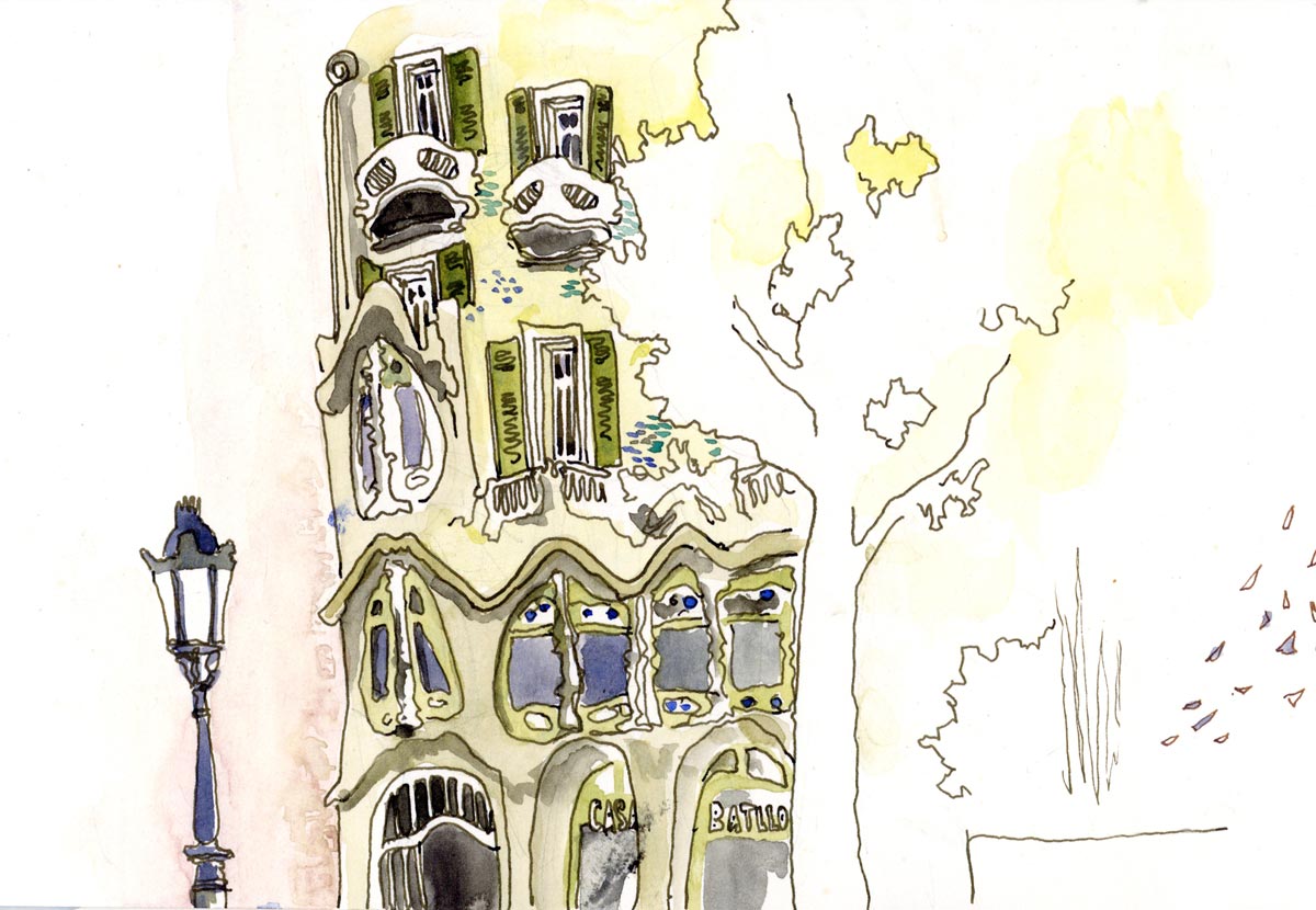 Barcelona mit Baumeler unterwegs, Malreise, mit Skizzenbuch und Stift, Reiseleitung Susanne Brem, Malferien, Antoni Gaudi