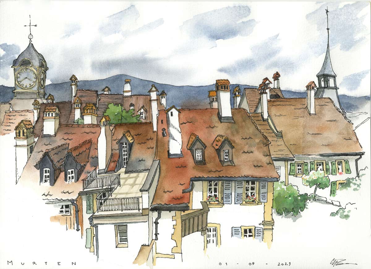 Reise mit Baumeler Reisen nach Murten, Urbansketching, Malferien, Kreativreise, Zeichnen unterwegs
