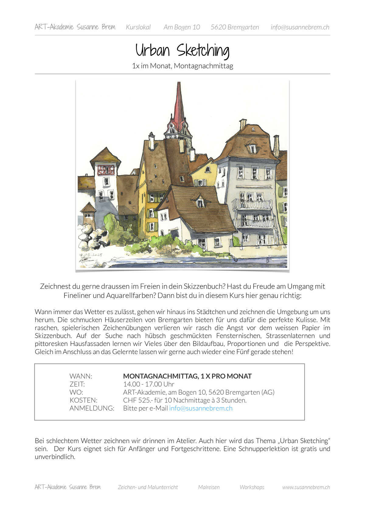 Urban Sketching, Kurs, Workshopurbansketchin, Bremgarten, Skizzenbuch, Urbansketching, Zeichnenlernen, Zeichenkurse, Umgang mit Stift und Aquarellfarben