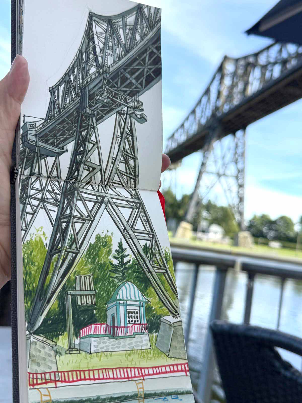 Hochbrücke-Rendsburg-lo Urban Sketch, Hochbrücke Rendsburg, Reise in den Norden, Artakademie, Susanne Brem