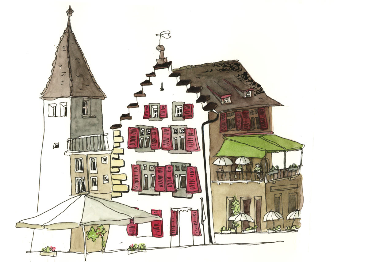 Urbansketchen mit der Volkshochschule Bremgarten AG, wir zeichnen in der Altstadt aus den schönsten Plätzen im Städtli
