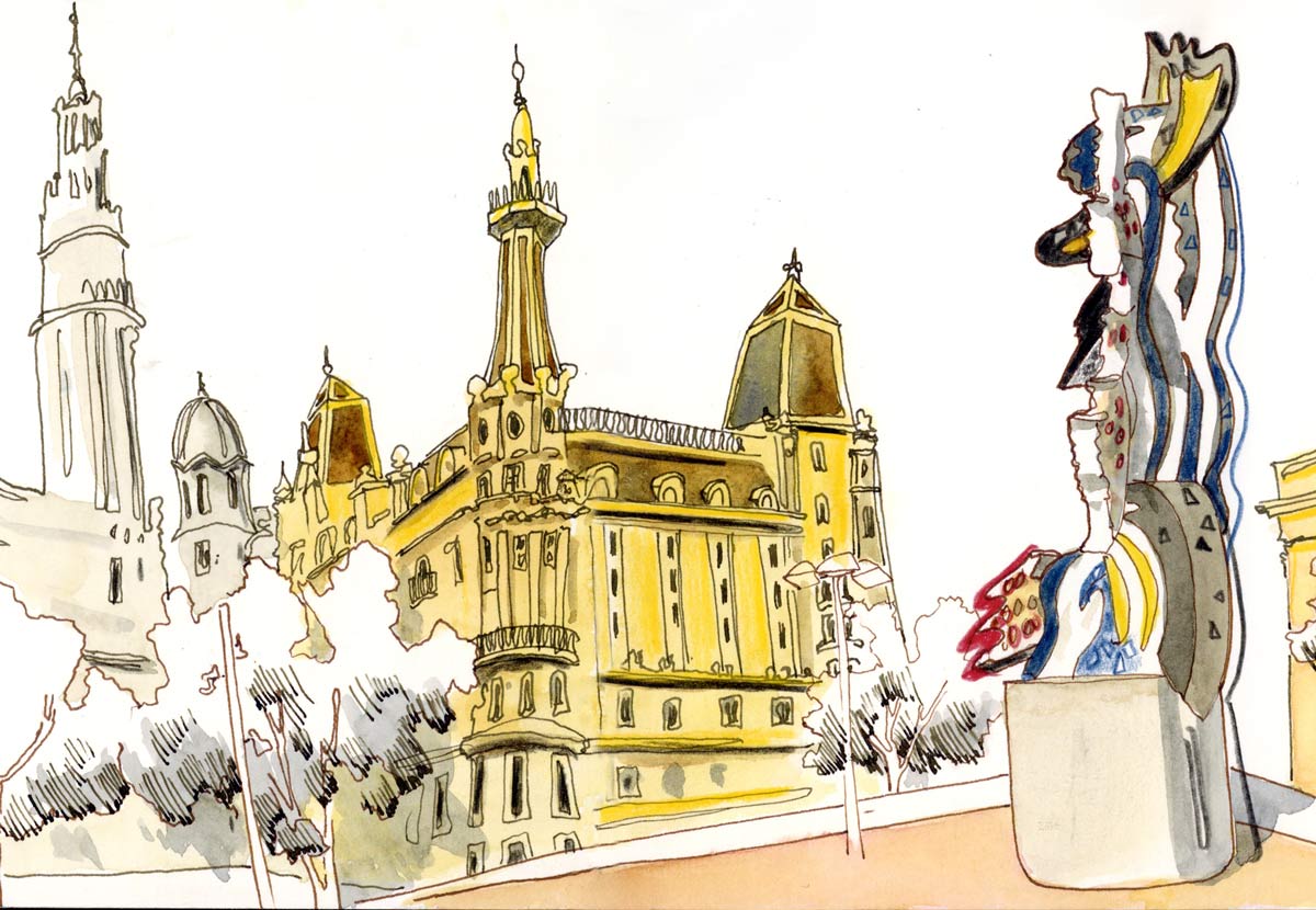 Roi-Lichtenstein-Barcelona-n-lo Barcelona mit Baumeler unterwegs, Malreise, mit Skizzenbuch und Stift, Reiseleitung Susanne Brem, Malferien, Antoni Gaudi