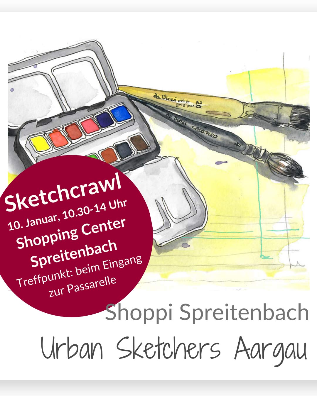 📍 Sketchcrawl Im Shopping Center Spreitenbach wir zeichnen das Gewusel im Einkaufszentrum Wir treffen uns auf der Shopping Center Seite im oberen Stock direkt beim Eingang zur Passarelle (Richtung Tivoli), um 10.30 Uhr. Von hier aus könnt ihr ausschwärmen und zeichnen, was euch Spass macht: das Gewusel der Menschen, die Architektur, die Einkaufsstimmung im Januar. Ich freue mich jetzt schon auf eure Sujets. Weitere Infos zur Aargauer Urbansketching Gruppe findest du auch hier 👉 https://susannebrem.ch/aargauer-urban-sketching-gruppe/