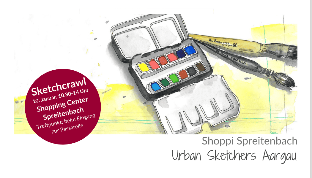 Sketchcrawl Im Shopping Center Spreitenbach wir zeichnen das Gewusel im Einkaufszentrum Wir treffen uns auf der Shopping Center Seite im oberen Stock direkt beim Eingang zur Passarelle (Richtung Tivoli), um 10.30 Uhr. Von hier aus könnt ihr ausschwärmen und zeichnen, was euch Spass macht: das Gewusel der Menschen, die Architektur, die Einkaufsstimmung im Januar. Ich freue mich jetzt schon auf eure Sujets. Weitere Infos zur Aargauer Urbansketching Gruppe findest du auch hier 👉 https://susannebrem.ch/aargauer-urban-sketching-gruppe/