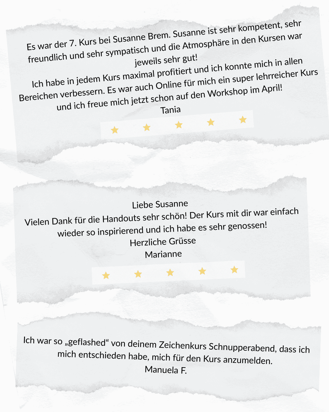Testimonials, Zeichenkurse, Kurse, VHS, Volkshochschule, Workshops, Zeichnen Grundlagen, ART-Akademie Susanne Brem, Bremgarten