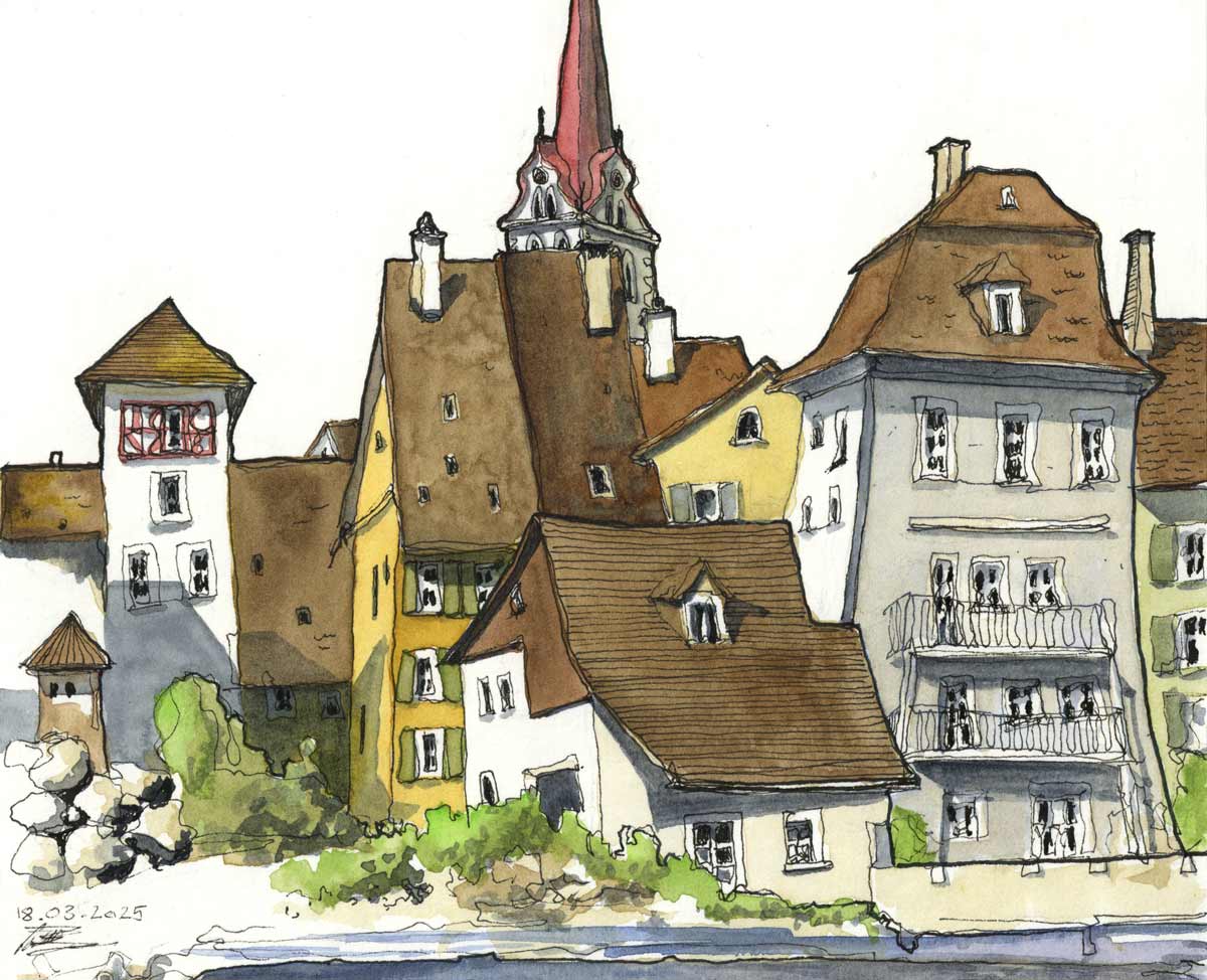 Urban Sketching, Kurs, Workshopurbansketchin, Bremgarten, Skizzenbuch, Urbansketching, Zeichnenlernen, Zeichenkurse, Umgang mit Stift und Aquarellfarben