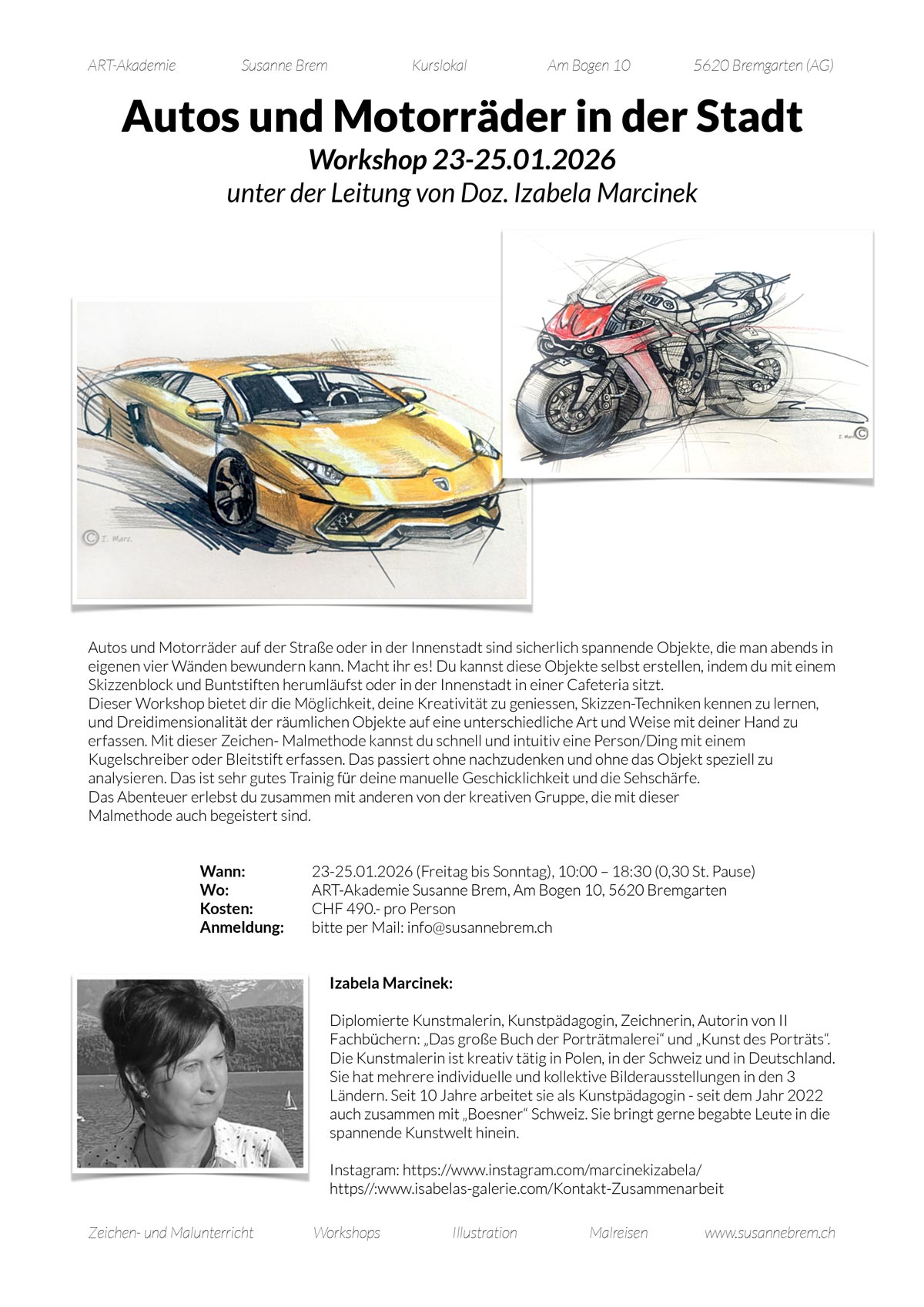 Workshop-Izabela-Marcinek-Autos-und-Motorräder-lo Workshop Illustration, Collage, wir erzählen mit alten Bildern neue Geschichten, Art-Akademie, Bremgarten AG, Kreativworkshop, Workshop Illustration